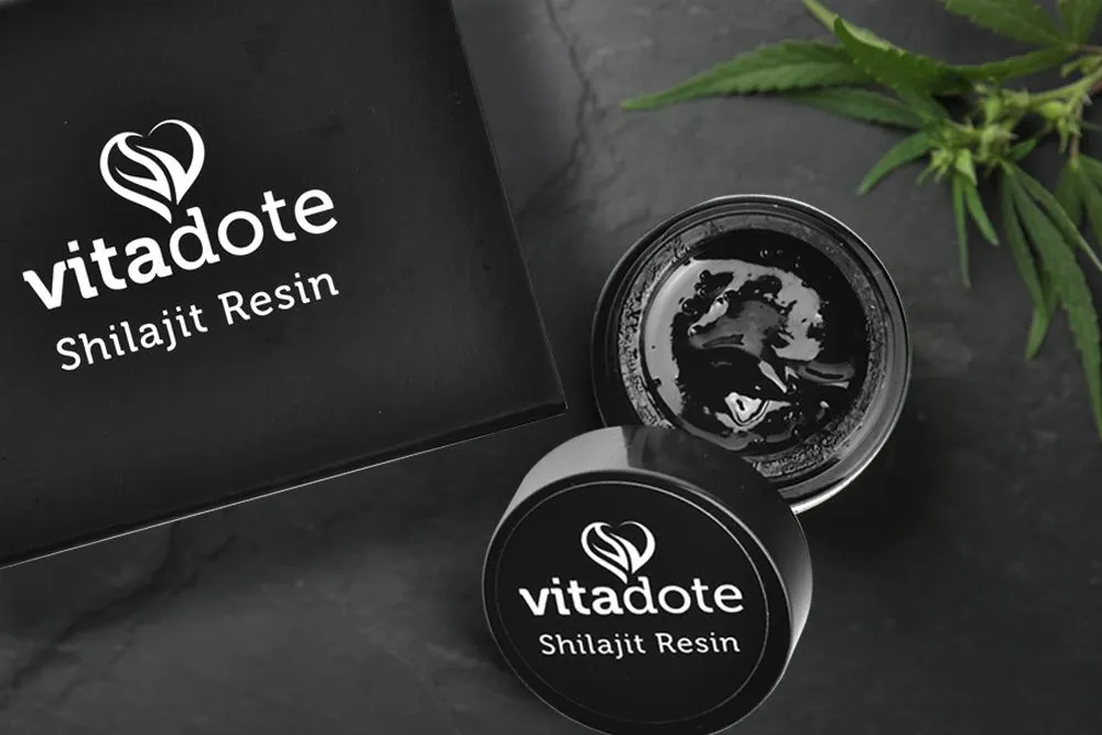 Vitadote® Pure Shilajit Resin jar with black shilajit resin and packaging